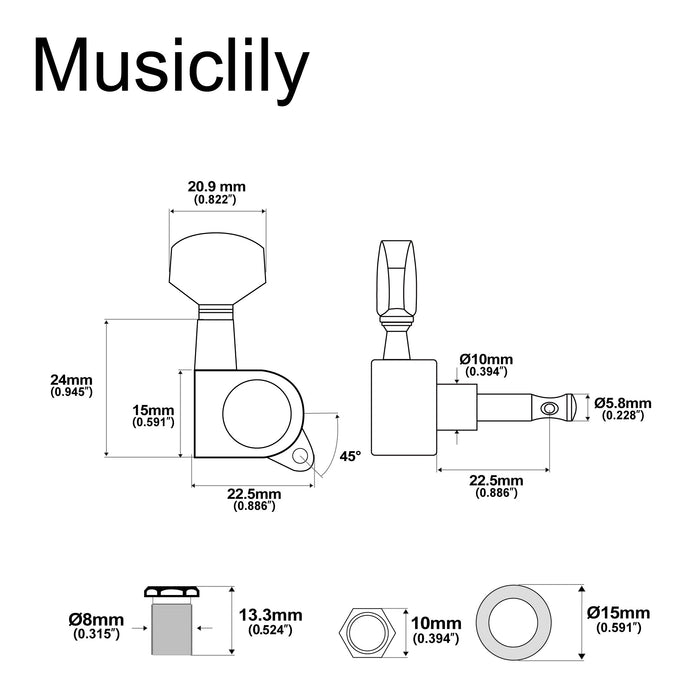 Dimensions of 3r3l 15 1 ratio full sealed machine heads for acoustic electric guitar tuning keys 45 degree screw tuners pegs big hex button m168 3m756 3