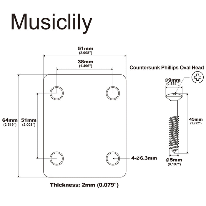 Dimensions of musiclily basic steel neck mounting plate for fender style guitar or bass m188p