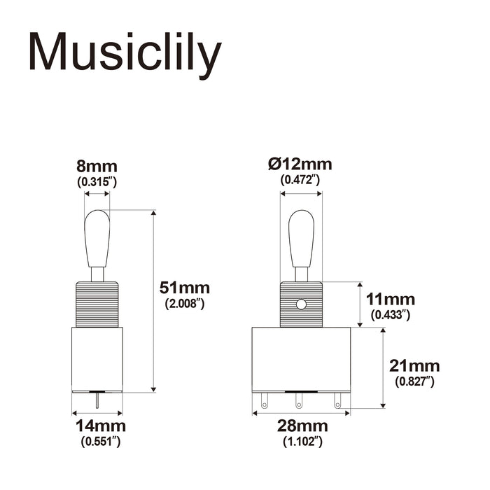 Dimensions of musiclily basic metric 3 way guitar sealed box style pickup toggle switch m195p