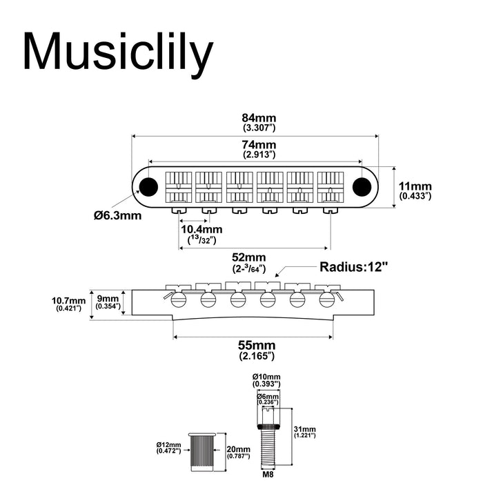 Musiclily Base 52mm (2-3/64 pollici) Stile ABR-1 Tune-o-matic Ponte per Chitarra Elettrica Stile LP