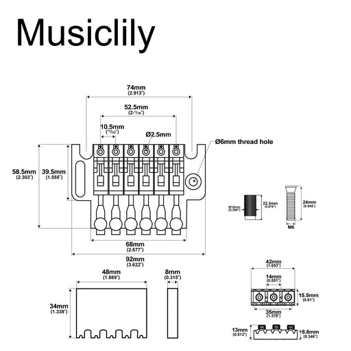 Dimensions of musiclily basic 52 5mm2 1 16 inch double locking tremolo bridge for electric guitar m211
