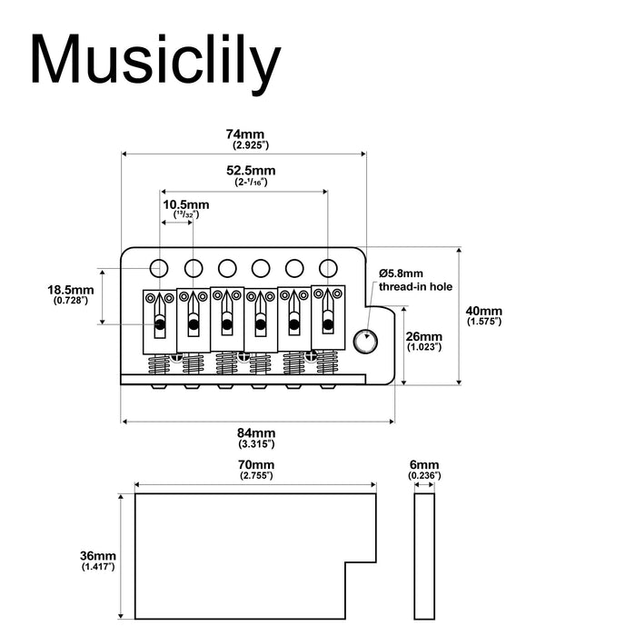 Dimensions of musiclily basic 52 5mm2 1 16 inch guitar tremolo bridge for strat style electric guitar m213