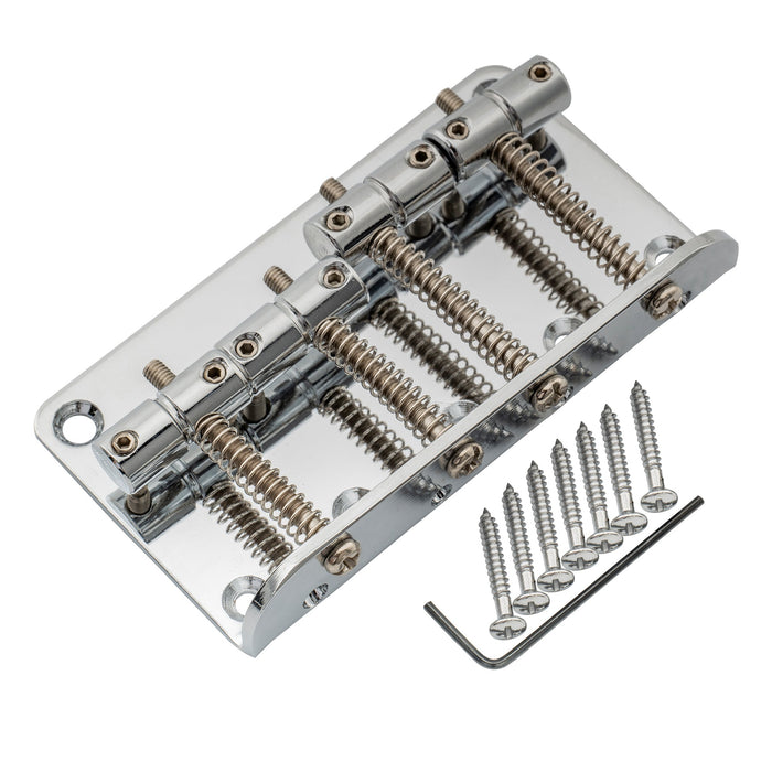 detail of musiclily basic 57mm2 1 4 inch 4 string top loading non tremolo fixed hardtail bass bridge for jazz bass and precision bass m216