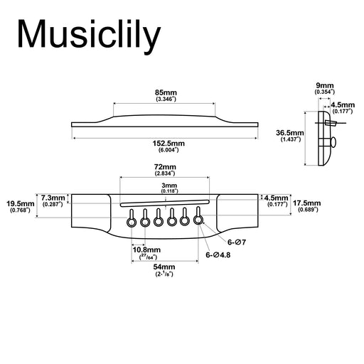 Dimensions of musiclily pro 54mm2 1 8 inch rosewood acoustic guitar bridge saddle m217