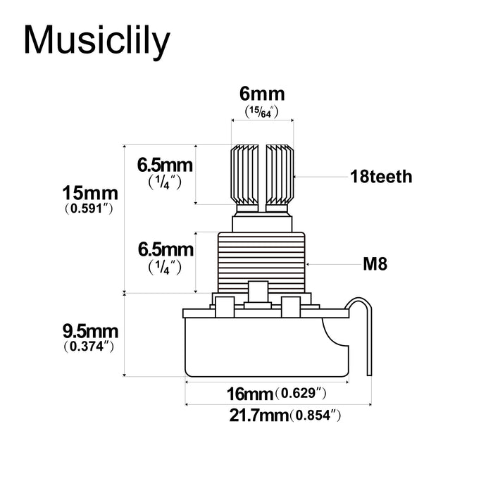 Dimensions of musiclily basic 500k mini metric coarse 18 spline split short shaft pots audio linear taper potentiometers for electric guitar bass m280 2