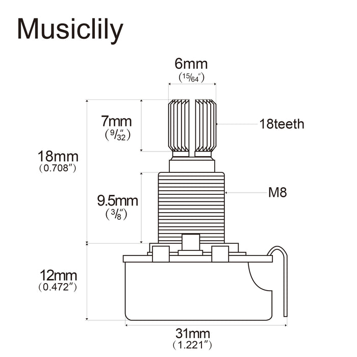 Dimensions of musiclily basic 500k metric coarse 18 spline split shaft pots audio linear taper potentiometers for electric guitar bass m288 2