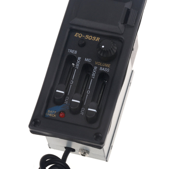 detail of musiclily acoustic guitar 3 band preamp amplifier equalizer eq 505r with piezo pickup m247p