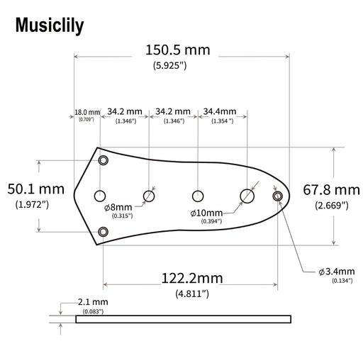 Dimensions of musiclily basic loaded prewired jazz bass control plate for jb style bass m511