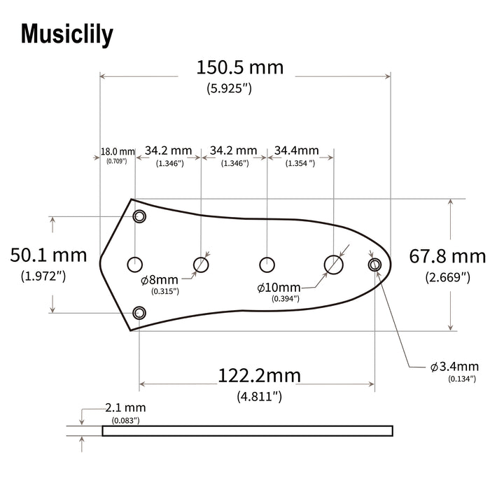 Dimensions of musiclily basic loaded prewired jazz bass control plate for jb style bass m511