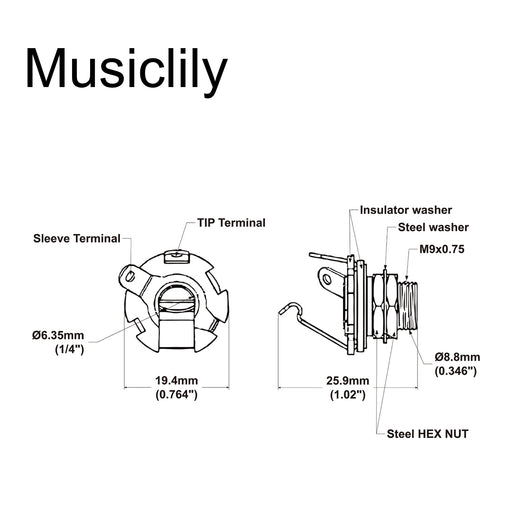 Dimensions of musiclily basic 1 4 inch 6 35mm mono output jack socket for strat tele style electric guitar bass m532p