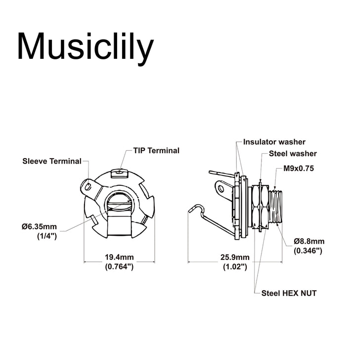 Dimensions of musiclily basic 1 4 inch 6 35mm mono output jack socket for strat tele style electric guitar bass m532p