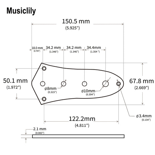 Dimensions of musiclily basic steel 4 holes jb control plate for jazz bass style bass m549p