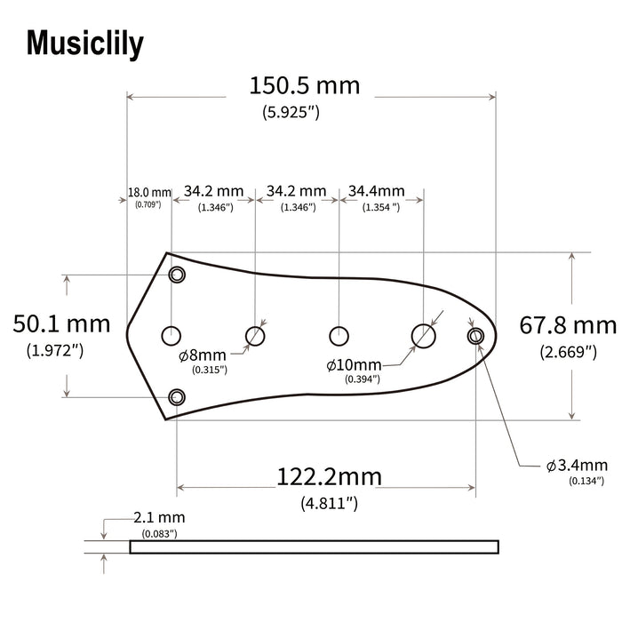Dimensions of musiclily basic steel 4 holes jb control plate for jazz bass style bass m549p