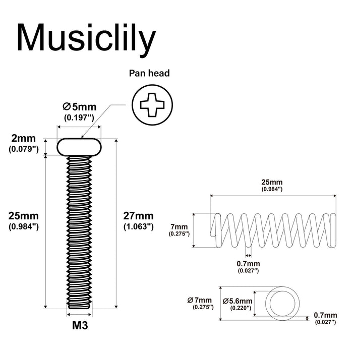 Dimensions of musiclily pro m3x25mm pan head humbucker pickup mounting screws and steel springs set for import electric guitar set of 6
