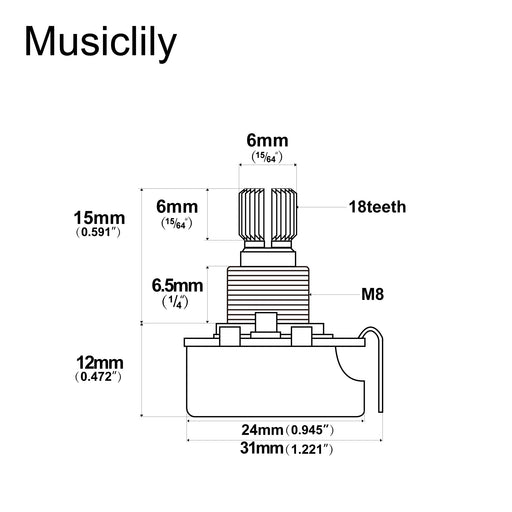 Dimensions of musiclily basic 500k metric coarse 18 spline split short shaft pots audio linear taper potentiometers for electric guitar bass m597 2