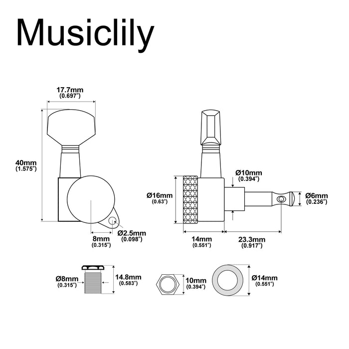 Dimensions of musiclily basic 6 in line guitar locking tuners tuning pegs keys machine heads set for strat tele style m734 6p