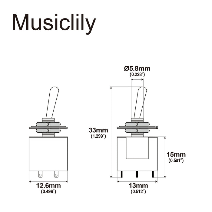 Dimensions of musiclily basic 2 way dpdt guitar mini toggle switch on on 6 pin selector m761p