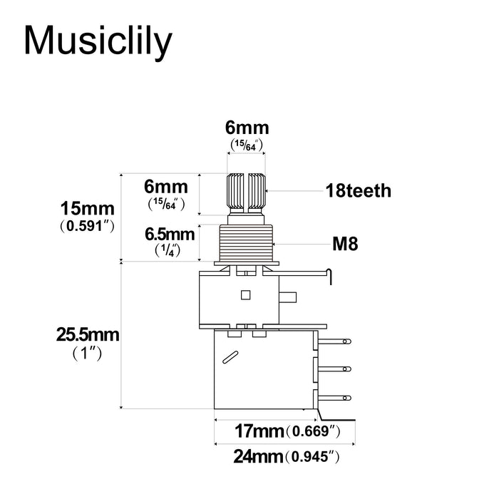 Dimensions of musiclily basic 500k metric coarse 18 spline split short shaft pots push pull audio linear taper potentiometers for electric guitar bass m907 2