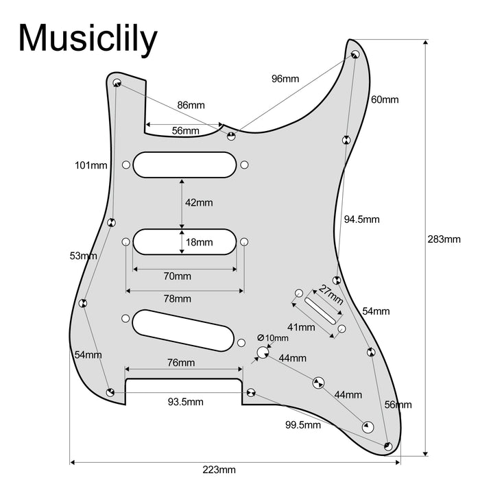 Dimensions of musiclily pro sss 11 hole strat guitar pickguard for fender usa mexican made standard strat modern style 1 3 4 ply mx0111