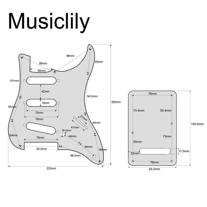 Dimensions of musiclily pro sss 11 hole strat guitar pickguard and backplate set for fender usa mexican standard strat modern style 1 3 4ply mx0111mx0021p