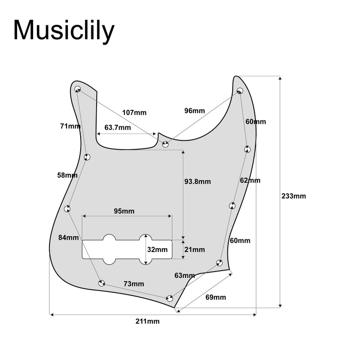 Dimensions of musiclily pro 10 hole j bass pickguard for fender american mexican made standard jazz bass 1 3 4 ply mx0400p