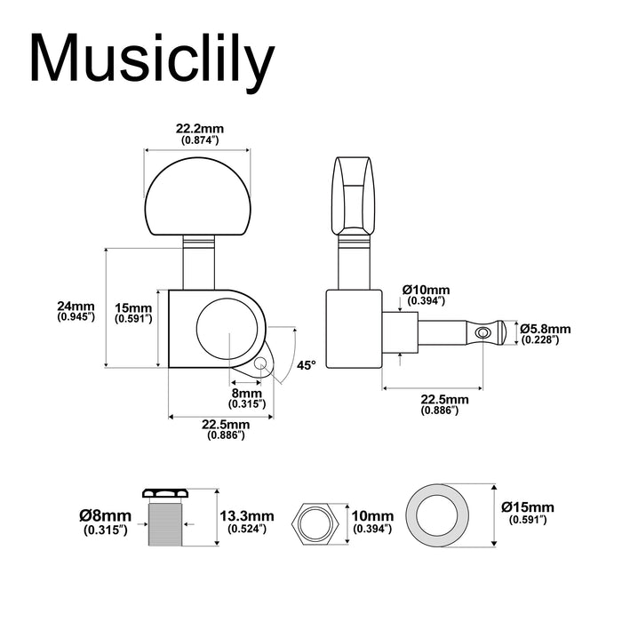 Dimensions of 3r3l 15 1 ratio full sealed machine heads for acoustic electric guitar tuning keys 45 degree screw tuners pegs half moon button m555 3m762 3