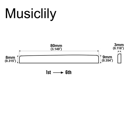 Dimensions of musiclily basic 6 string classical guitar bone saddle dj 02 dj 04 80x3x9 8mm mx0719 2
