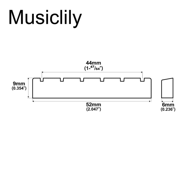 Dimensions of musiclily basic flat bottom slotted 6 string classical guitar bone nut dj 05 dj 07 52x6x9mm mx0722 2
