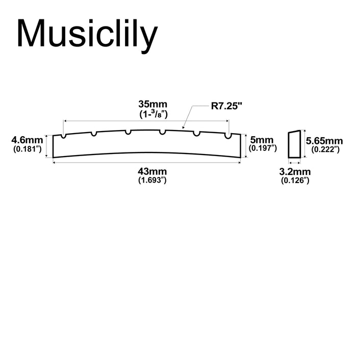 Dimensions of musiclily basic 43mm slotted curved bottom guitar bone nut for 6 string electric guitar 43x3 2x5 5 65mm mx0733 2