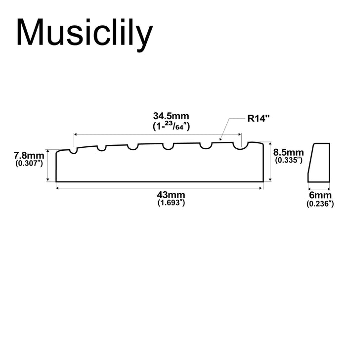 Dimensions of musiclily basic 43mm flat bottom slotted guitar bone string nut for 6 string electric guitar 43x6x8 5mm mx0735 2