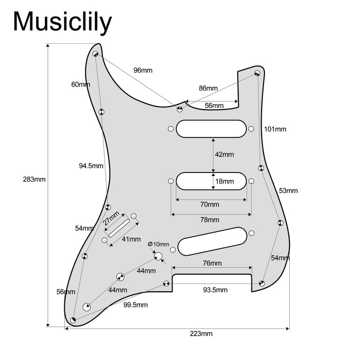 Dimensions of musiclily pro sss 11 hole left handed strat guitar pickguard for fender usa mexican made standard stratocaster standard modern style 3ply 4ply mx0752p