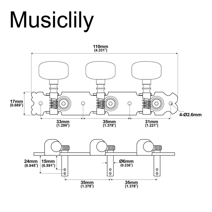 Dimensions of musiclily basic 3 on a plate short acoustic guitar tuning pegs keys machine heads tuners set nickel