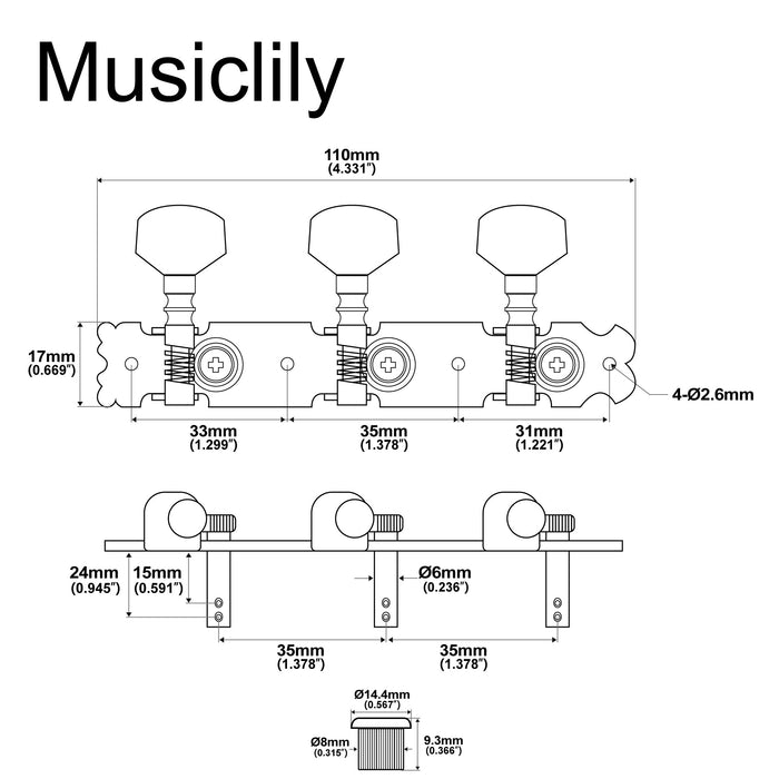 Dimensions of 3 on a plate short acoustic guitar tuning pegs keys machine heads tuners set mx0799p
