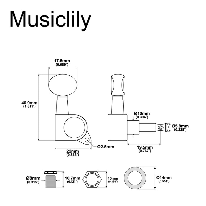 Dimensions of musiclily basic 2r2l sealed ukulele tuners tuning pegs keys machine heads set mx0814p