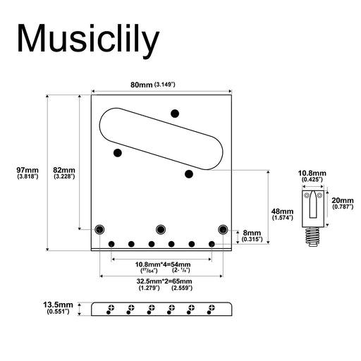 Dimensions of musiclily basic 54mm2 1 8 inch guitar bridge assembly with 6 saddles for tele style electric guitar mx0823p