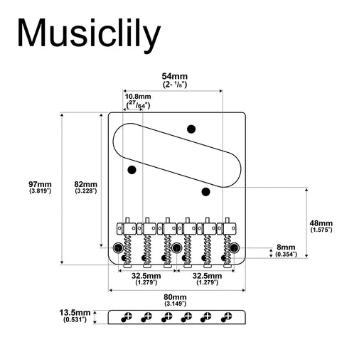 Dimensions of musiclily basic 54mm2 1 8 inch vintage 6 string bridge with 6 saddles for tele style guitar mx0825