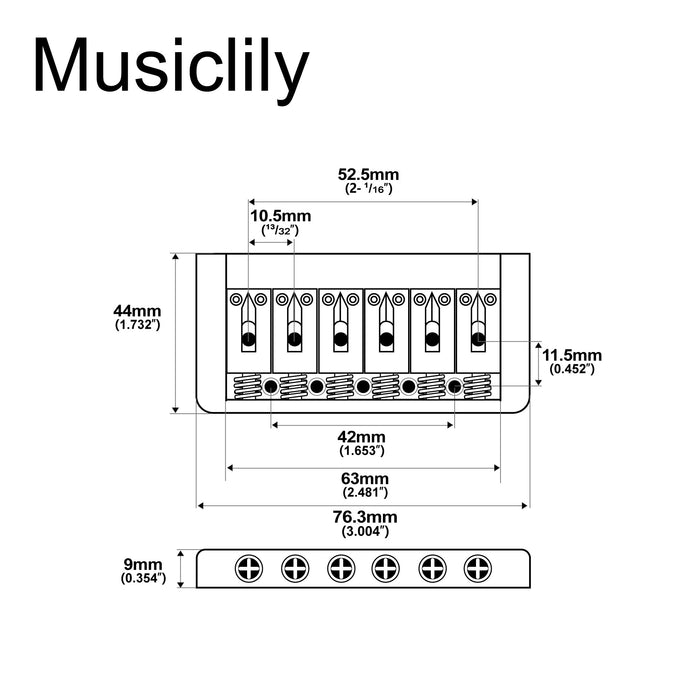Dimensions of musiclily basic 52 5mm2 1 16 inch edged 6 string non tremolo guitar hardtail bridge mx0826p