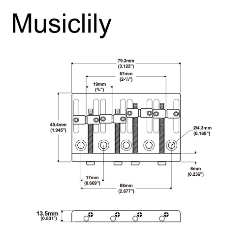 Dimensions of musiclily basic 57mm2 1 4 inch top loading fixed hardtail bass bridge for 4 string fender precision bass and jazz bass mx0830cr