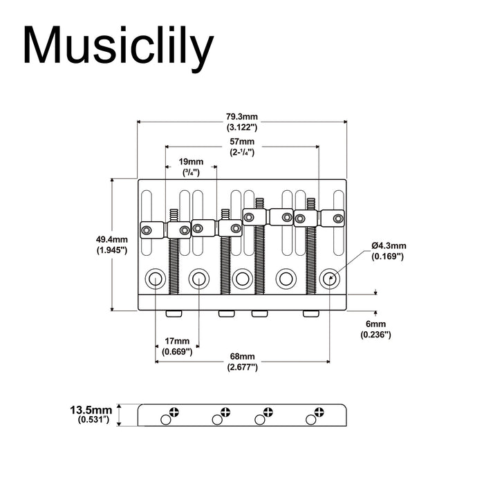 Dimensions of musiclily basic 57mm2 1 4 inch top loading fixed hardtail bass bridge for 4 string fender precision bass and jazz bass mx0830cr