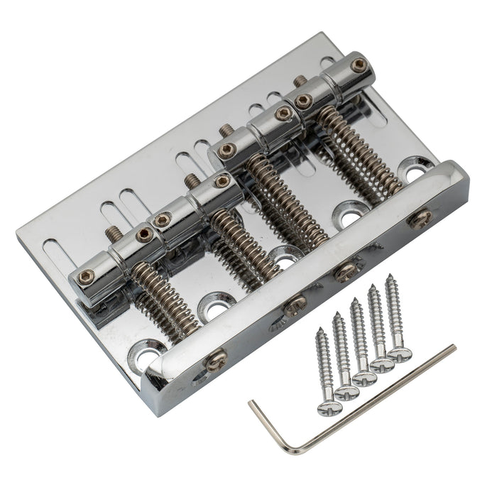detail of musiclily basic 57mm2 1 4 inch top loading fixed hardtail bass bridge for 4 string fender precision bass and jazz bass mx0830cr