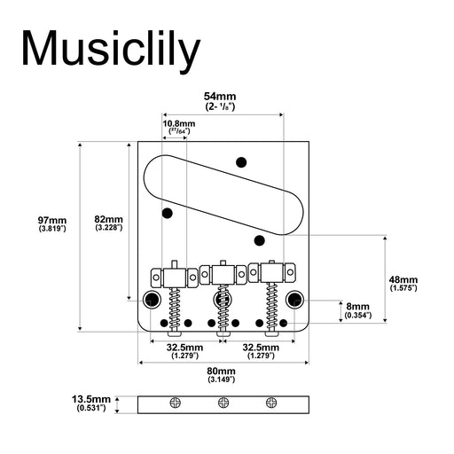 Dimensions of musiclily basic 54mm2 1 8 inch guitar bridge with 3 saddle for tele style guitar mx0832