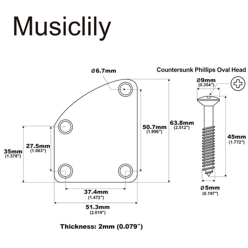 Dimensions of musiclily basic steel 4 holes curved guitar neck plate mx0882p