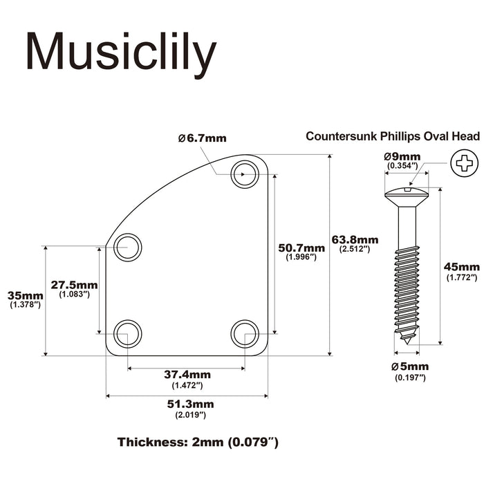 Dimensions of musiclily basic steel 4 holes curved guitar neck plate mx0882p