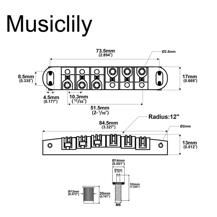 Musiclily Base 51,5 mm (2-1/32 pollici) Roller Locking Tune-o-matic Chitarra Ponte Tunematica Sella per Chitarra Elettrica Stile LP
