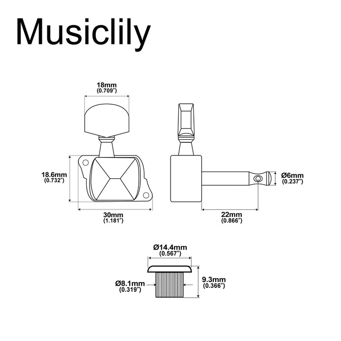 Dimensions of musiclily basic 6 in line semi sealed guitar tuners tuning pegs keys machine heads set for st squier style mx1161p