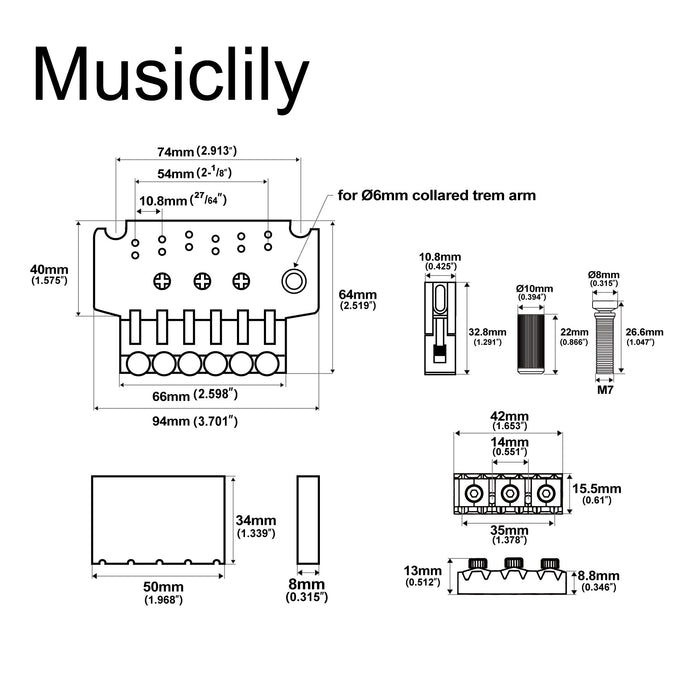 Dimensions of musiclily pro 54mm2 1 8 inch guitar double locking tremolo bridge assembly set for electric guitar mx1265cr