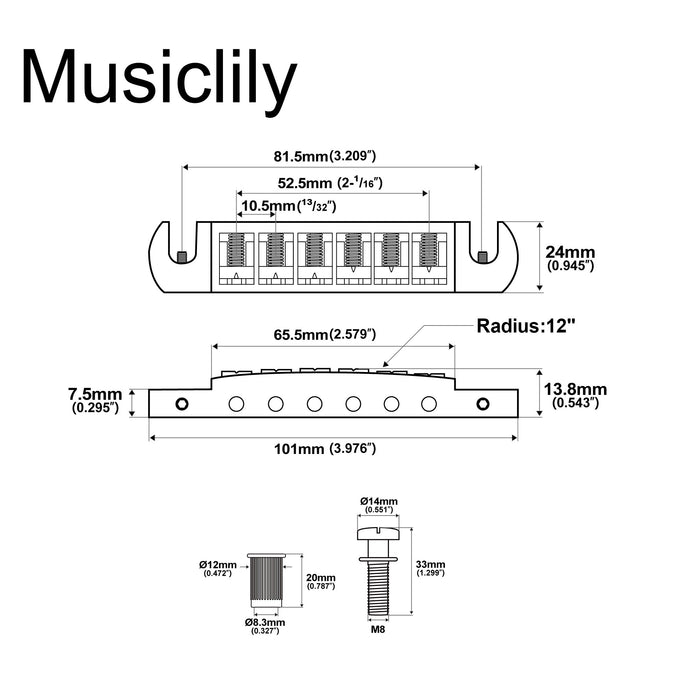 Musiclily Pro 10.5mmピッチ Tune-o-maticチューンオートマチック Pigtailピグテール スタイル 調整可能 ラップアラウンドブリッジテールピース Epiphone LP SGエレキギター用 ブラック