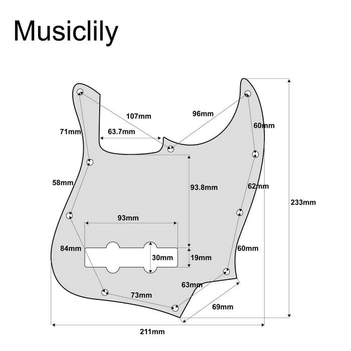 Dimensions of musiclily pro 10 hole modern style j bass pickguard for 4 string american jazz bass 1 3 4 ply mx1302p