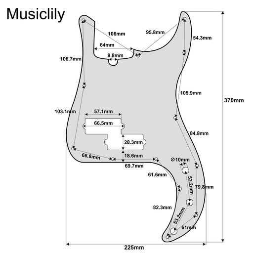 Dimensions of musiclily pro 13 hole modern style p bass pickguard for 4 string american precision bass mx1303p