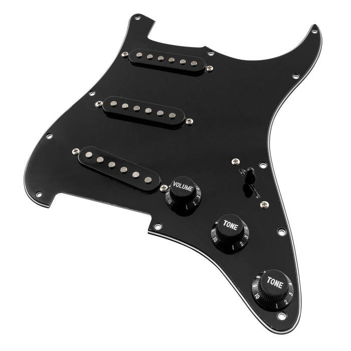 detail of musiclily basic pre wired loaded standard st sss pickguard with alnico 5 magnet single coil pickups set for strat style electric guitar mx1319bk